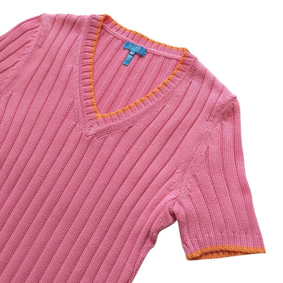 Escada Sport Pink V-neck Short Sleeve Sweater with Orange Trim Women's Size M - Picture 2 of 6